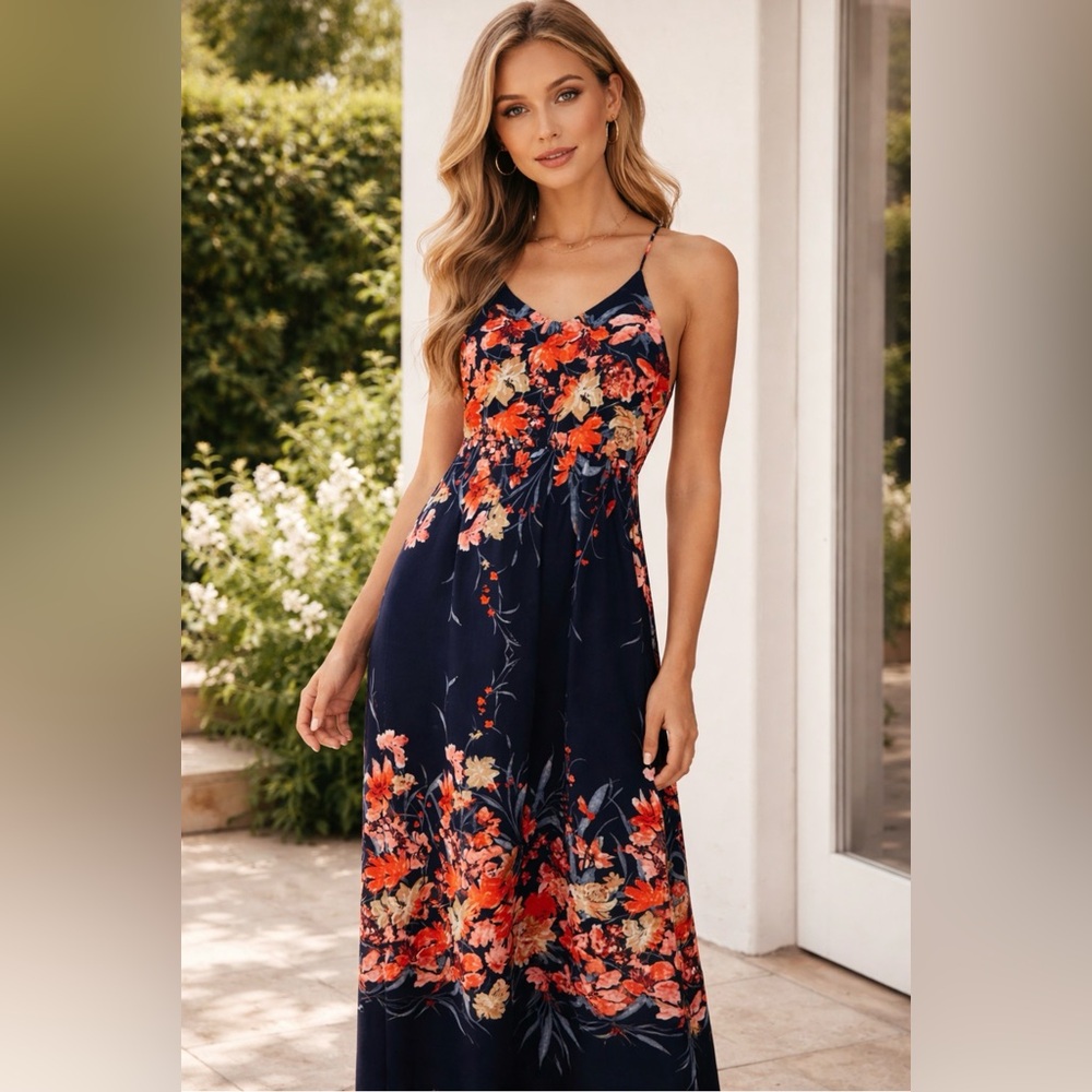 Pink Owl ModCloth Maxi Dress - Navy and Pink Floral, Beachy, Resortwear, Size L